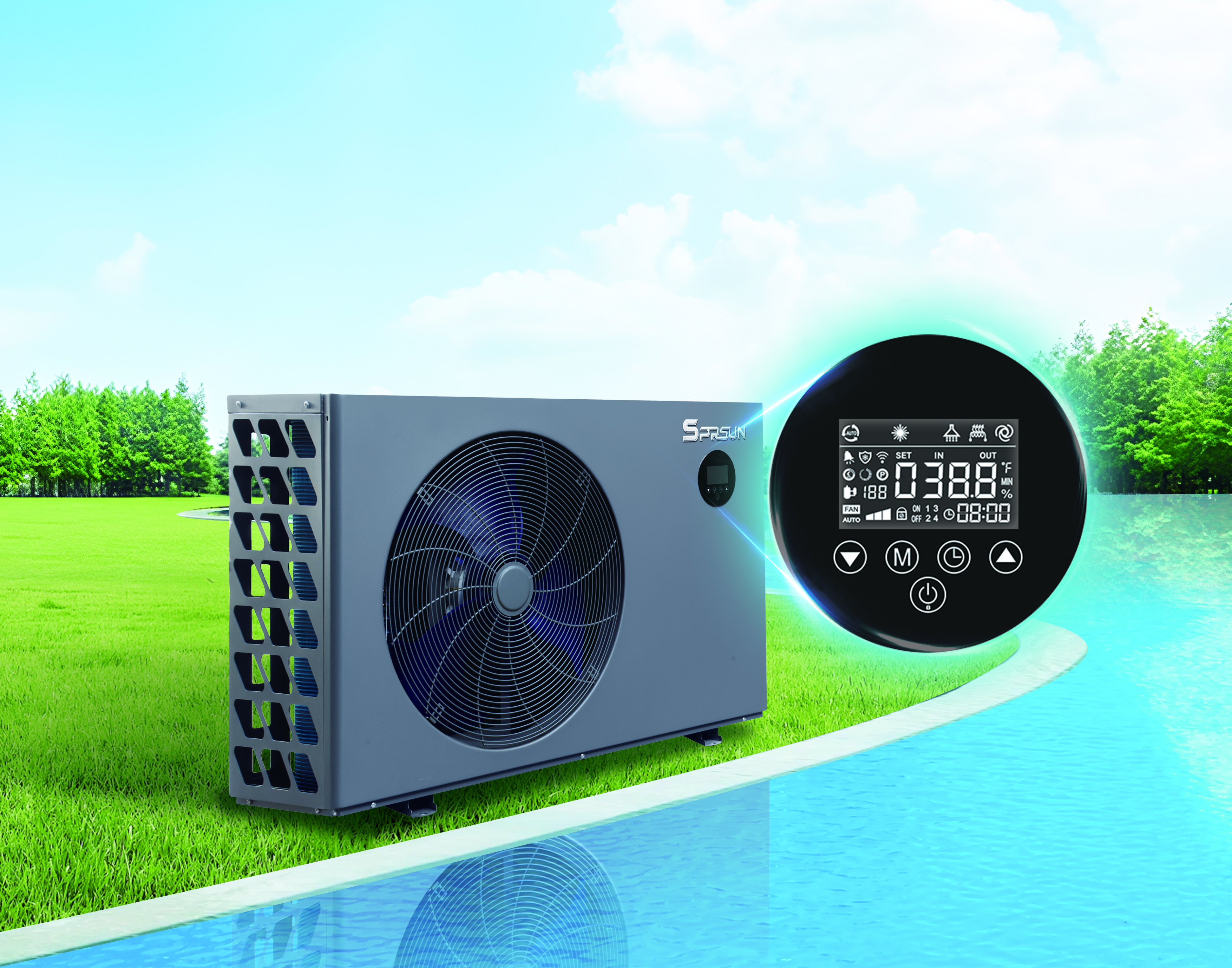 SPRSUN Swimming Pool Heat Pump med ber&oslash;ringssk&aelig;rm